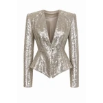 LaQuan Smith Fitted Tailored Blazer in Silver Sequin
