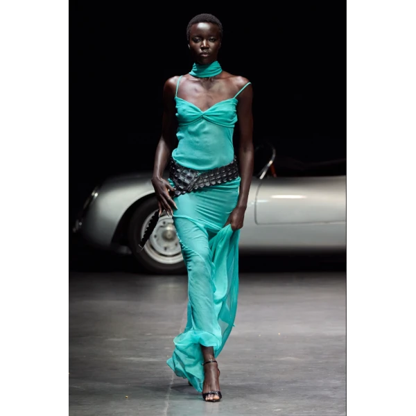 LaQuan Smith Gown with Neck Tie Detail in Aqua, view 2