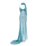 LaQuan Smith Gown with Neck Tie Detail in Aqua