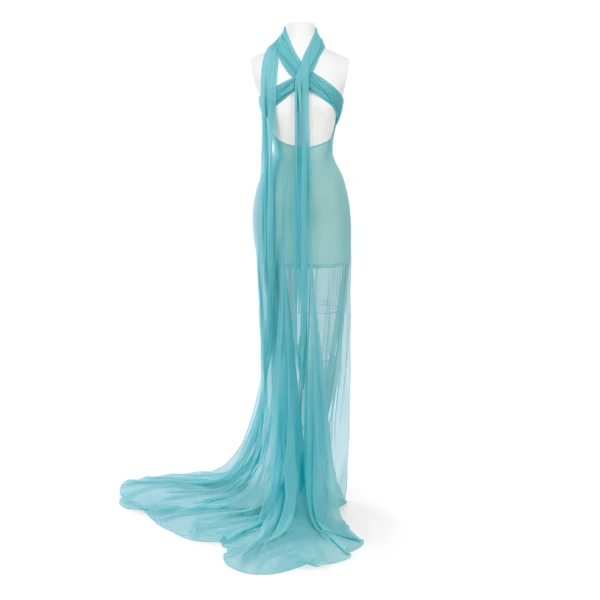 LaQuan Smith Gown with Neck Tie Detail in Aqua, view 3