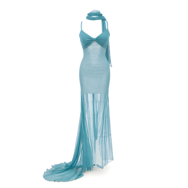 LaQuan Smith Gown with Neck Tie Detail in Aqua