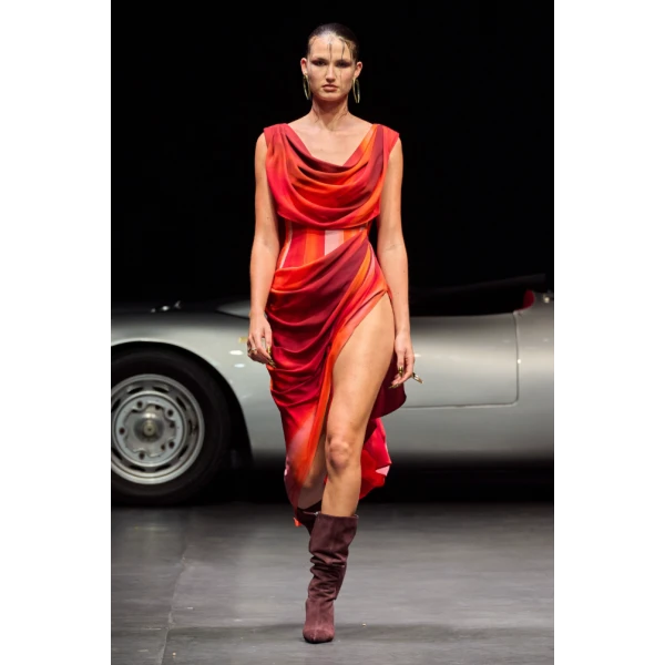 LaQuan Smith Knee Length Dress with Open Back and Corset Detail in Sunset Ombre, view 2