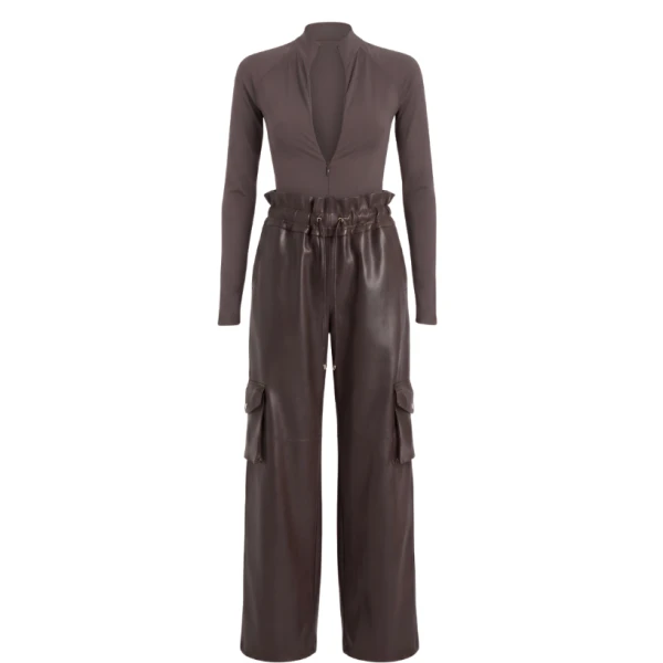 LaQuan Smith Long Sleeve Bodysuit in Chocolate, view 2