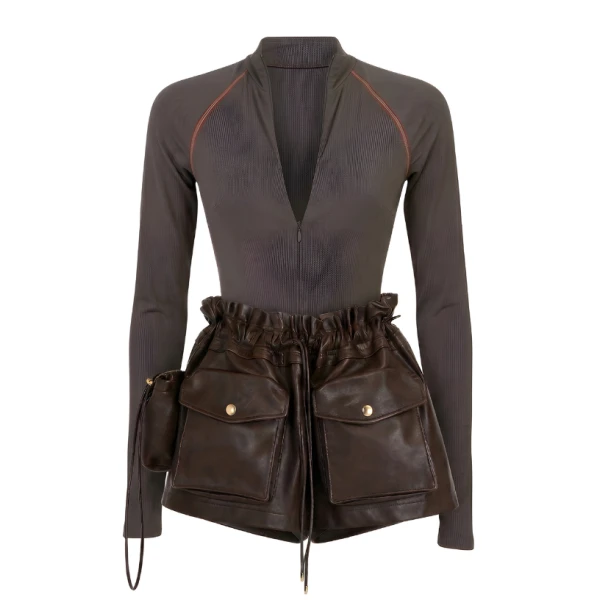 LaQuan Smith Long Sleeve Bodysuit with Top Stitching in Taupe, view 2