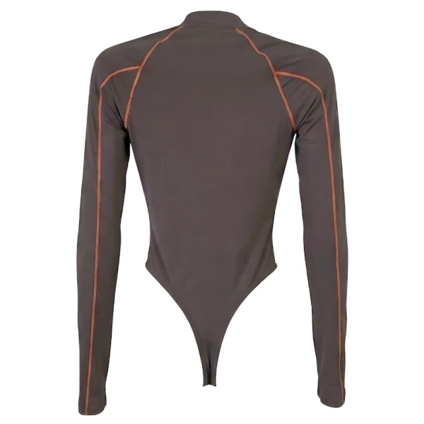 LaQuan Smith Long Sleeve Bodysuit with Top Stitching in Taupe, view 3