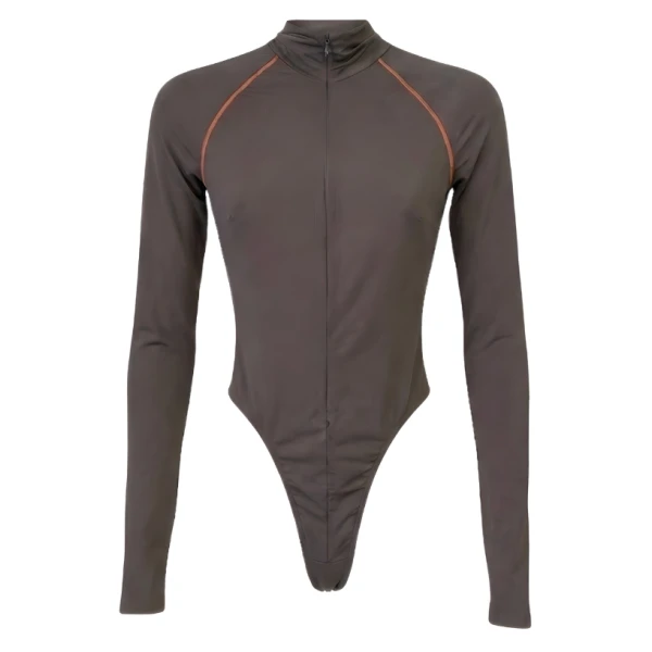 LaQuan Smith Long Sleeve Bodysuit with Top Stitching in Taupe