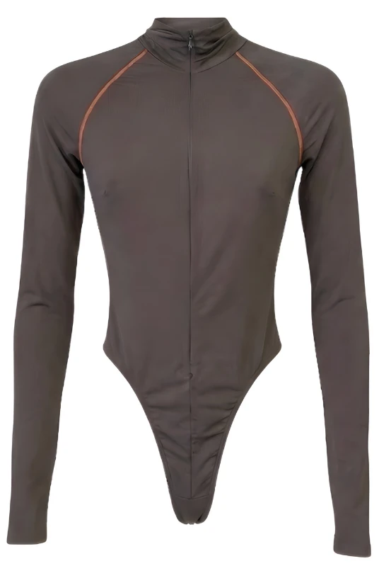 LaQuan Smith Long Sleeve Bodysuit with Top Stitching in Taupe