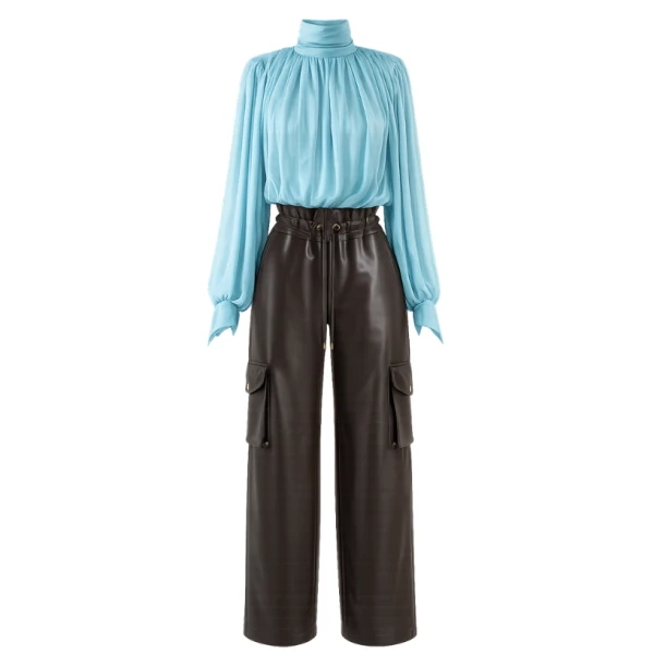 LaQuan Smith Long Sleeve Top with Scarf Detail in Aqua, view 2