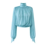 LaQuan Smith Long Sleeve Top with Scarf Detail in Aqua