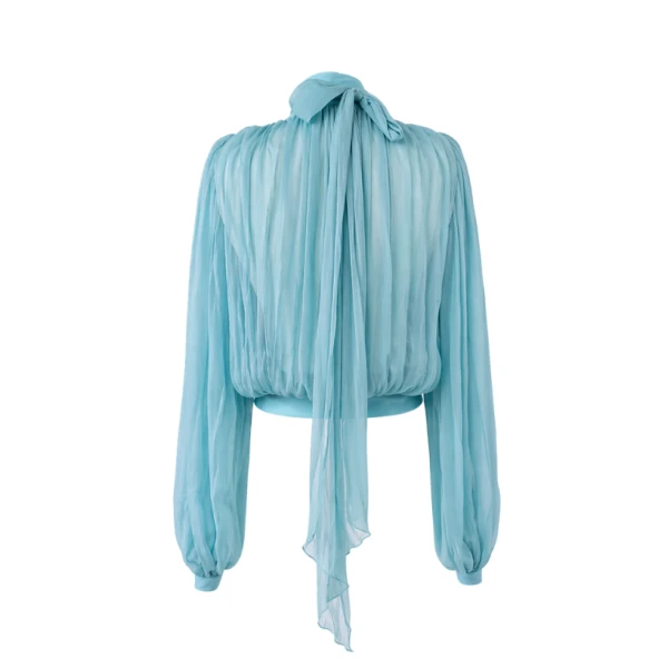 LaQuan Smith Long Sleeve Top with Scarf Detail in Aqua, view 3
