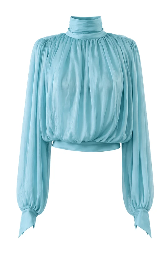 LaQuan Smith Long Sleeve Top with Scarf Detail in Aqua