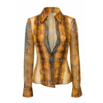 LaQuan Smith Pleat Front Long Sleeve Blouse in Amber Python
