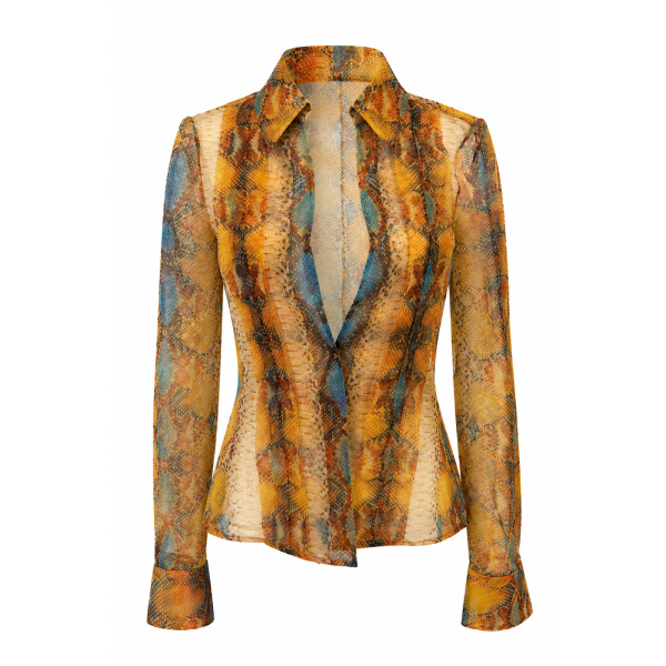 LaQuan Smith Pleat Front Long Sleeve Blouse in Amber Python