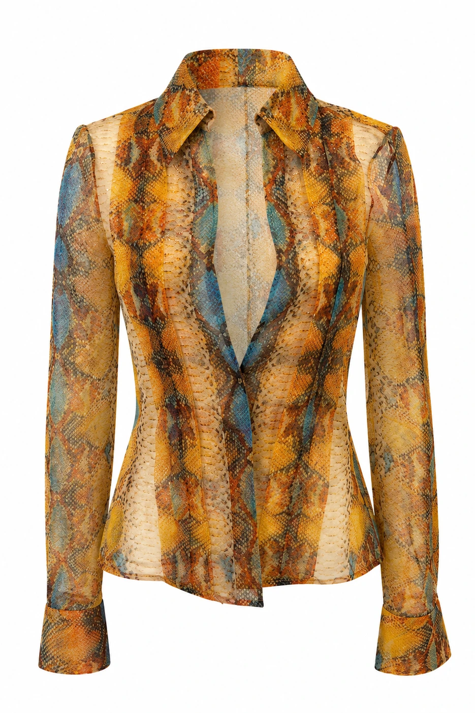 LaQuan Smith Pleat Front Long Sleeve Blouse in Amber Python