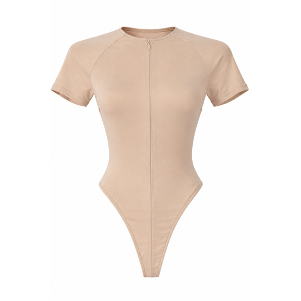 LaQuan Smith Short Sleeve Bodysuit in Nude