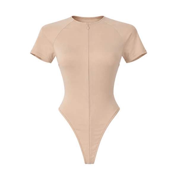 LaQuan Smith Short Sleeve Bodysuit in Nude