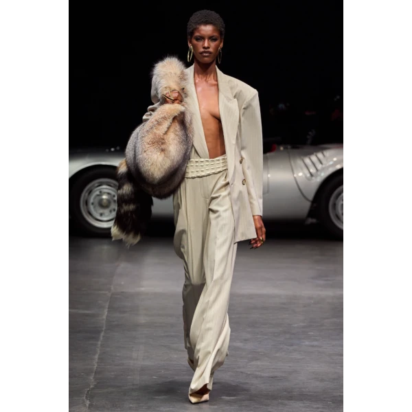 LaQuan Smith Tailored Double Breasted Jacket in Champagne Pinstripe, view 2