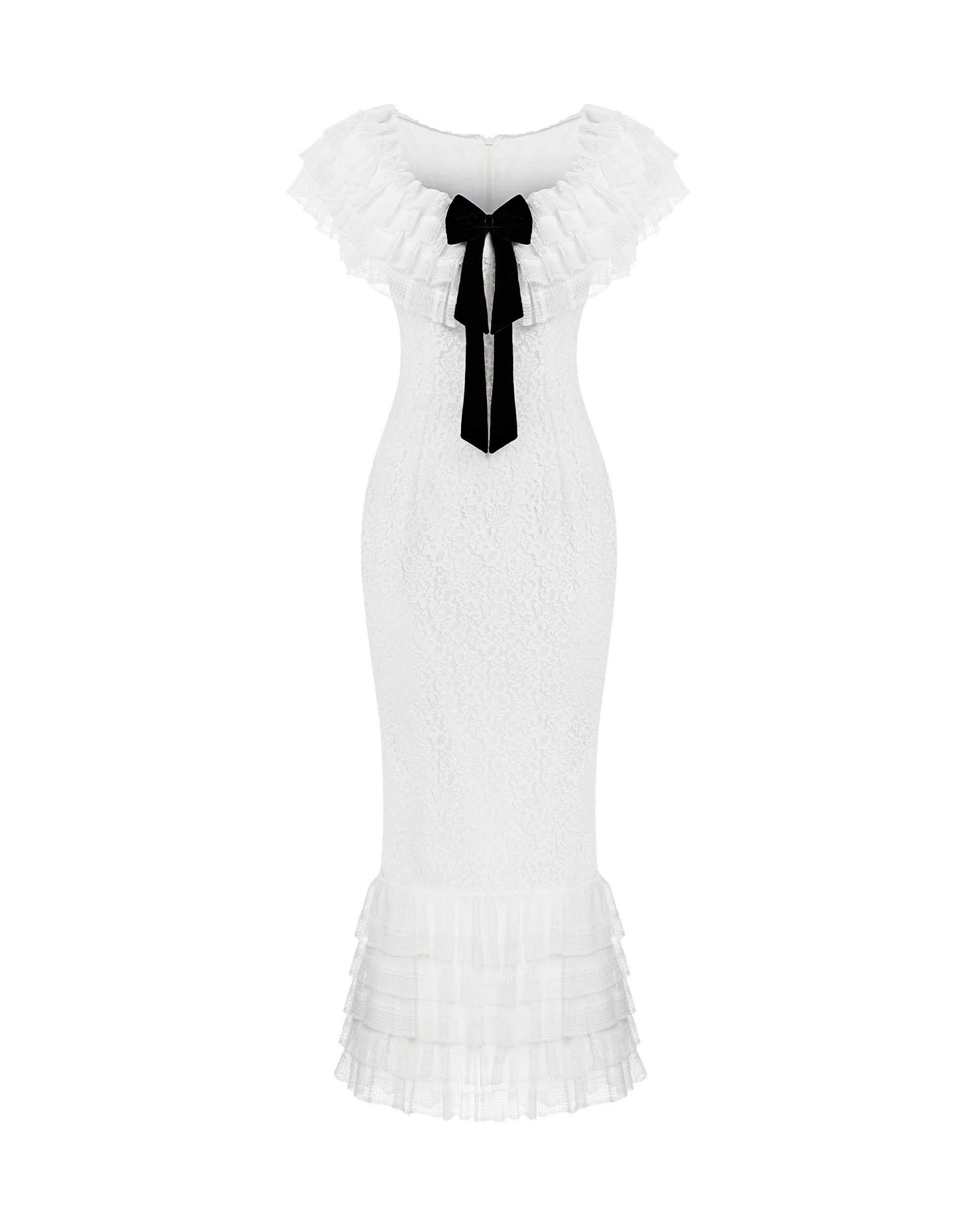 Lace midi dress with a velvet bow in White