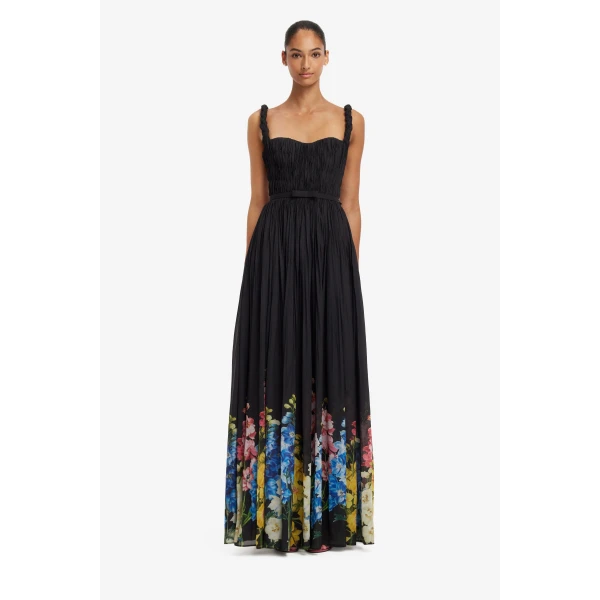 Leo Lin Angelina Ruffled Floor Length Dress in Snapdragon Print in Ebony, view 2
