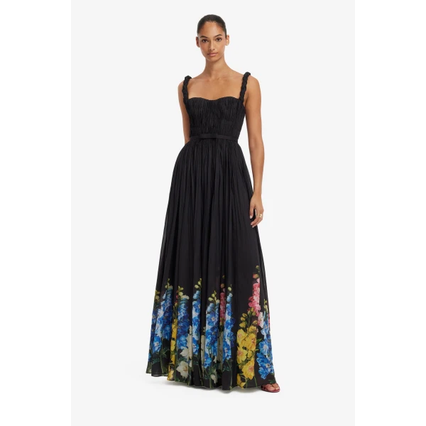 Leo Lin Angelina Ruffled Floor Length Dress in Snapdragon Print in Ebony, view 3