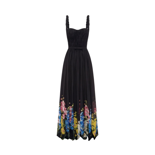Leo Lin Angelina Ruffled Floor Length Dress in Snapdragon Print in Ebony
