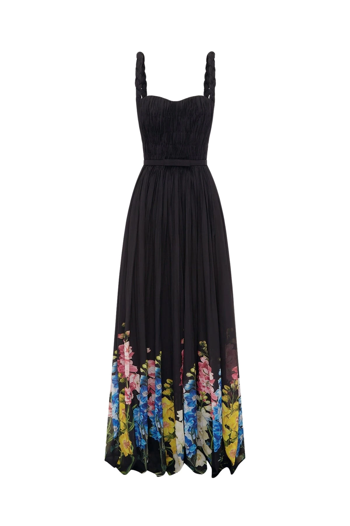 Angelina Ruffled Floor Length Dress in Snapdragon Print in Ebony