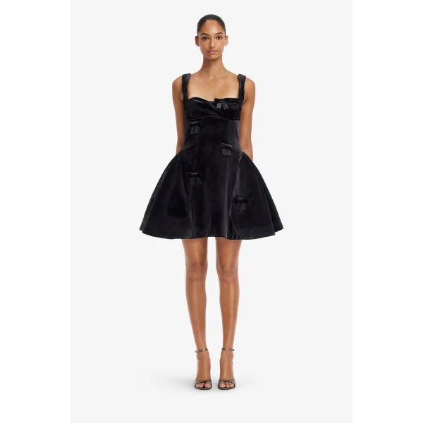 Leo Lin Ariel Velvet Bow Mini Dress in Ebony, view 2