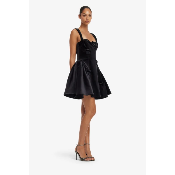 Leo Lin Ariel Velvet Bow Mini Dress in Ebony, view 4