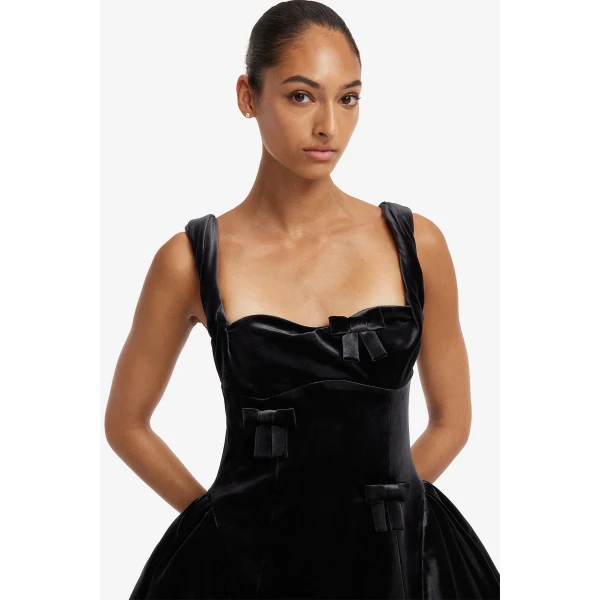 Leo Lin Ariel Velvet Bow Mini Dress in Ebony, view 6