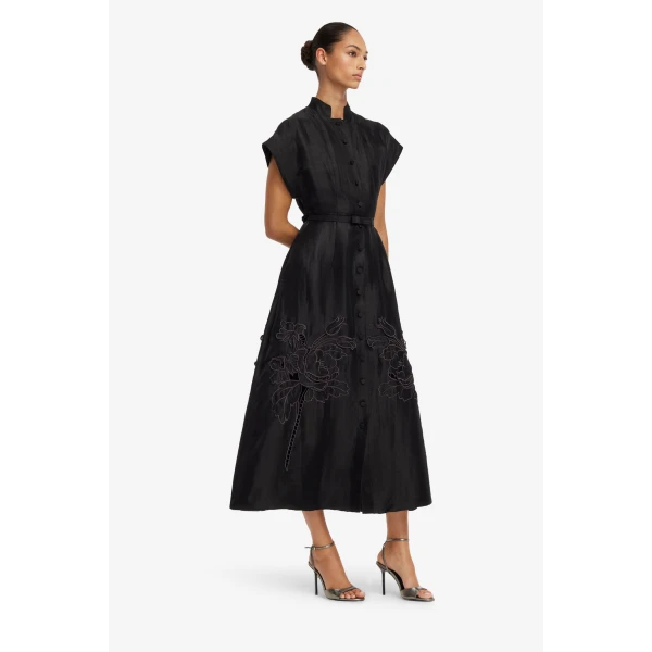Leo Lin Aubrey Appliqué Shirt Midi Dress in Ebony, view 4