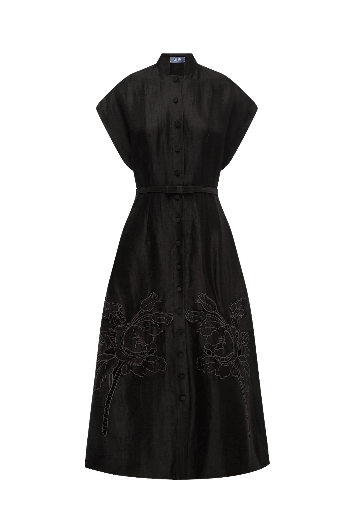Aubrey Appliqué Shirt Midi Dress in Ebony