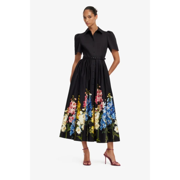 Leo Lin Bianca Short Sleeve Midi Dress in Snapdragon Print in Ebony, view 3