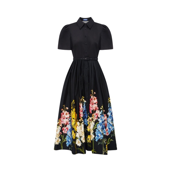Leo Lin Bianca Short Sleeve Midi Dress in Snapdragon Print in Ebony
