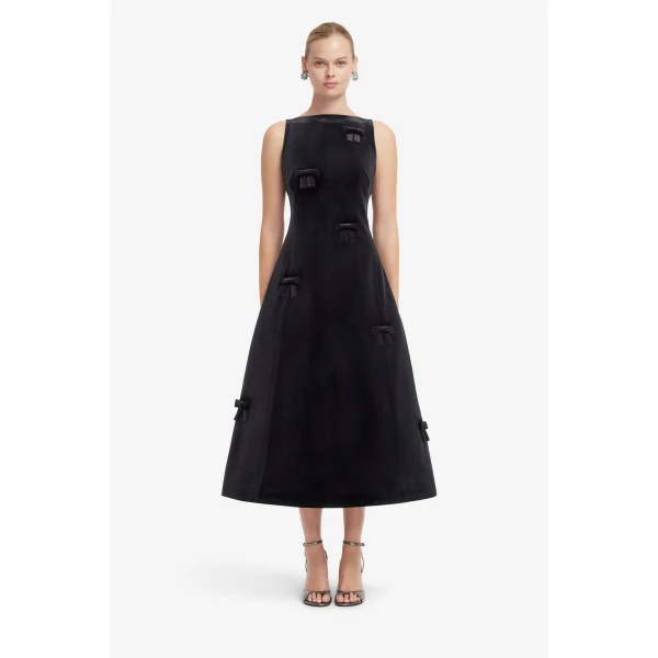 Leo Lin Cleo Velvet Bow Sleeveless Midi Dress in Ebony, view 2