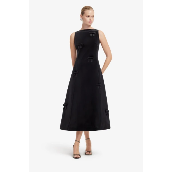 Leo Lin Cleo Velvet Bow Sleeveless Midi Dress in Ebony, view 3