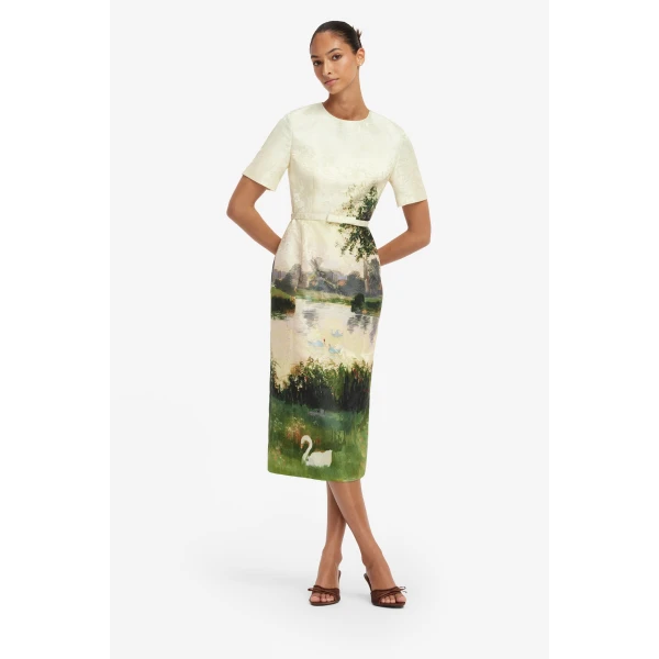 Leo Lin Elizabeth Jacquard Short Sleeve Midi Dress in Serene Print, view 3