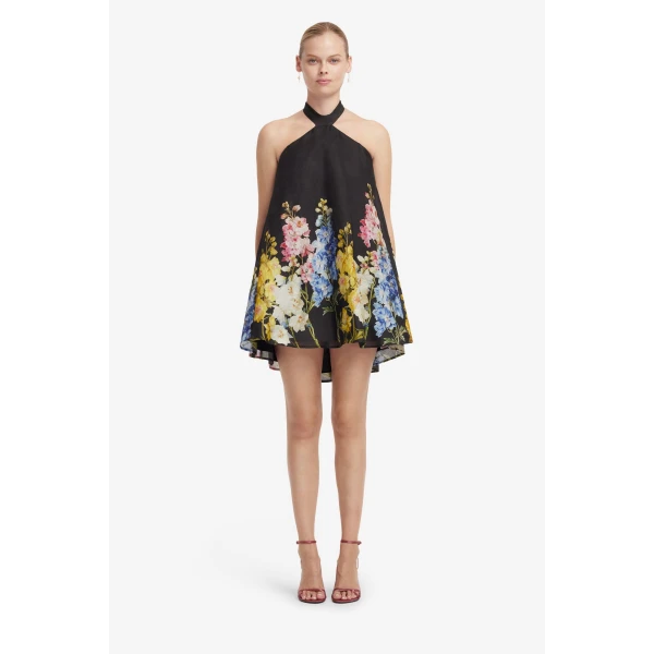Leo Lin Eloise Halterneck Mini Dress in Snapdragon Print in Ebony, view 2