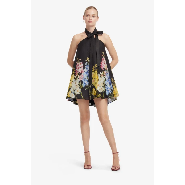 Leo Lin Eloise Halterneck Mini Dress in Snapdragon Print in Ebony, view 3