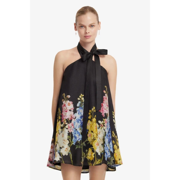Leo Lin Eloise Halterneck Mini Dress in Snapdragon Print in Ebony, view 6