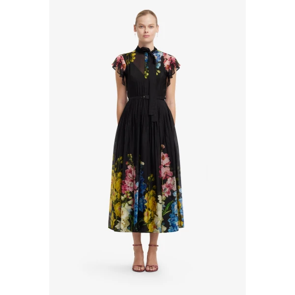 Leo Lin Grace Flutter Sleeve Midi Dress in Snapdragon Print in Ebony, view 2