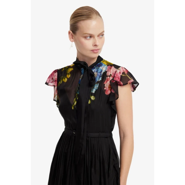 Leo Lin Grace Flutter Sleeve Midi Dress in Snapdragon Print in Ebony, view 6