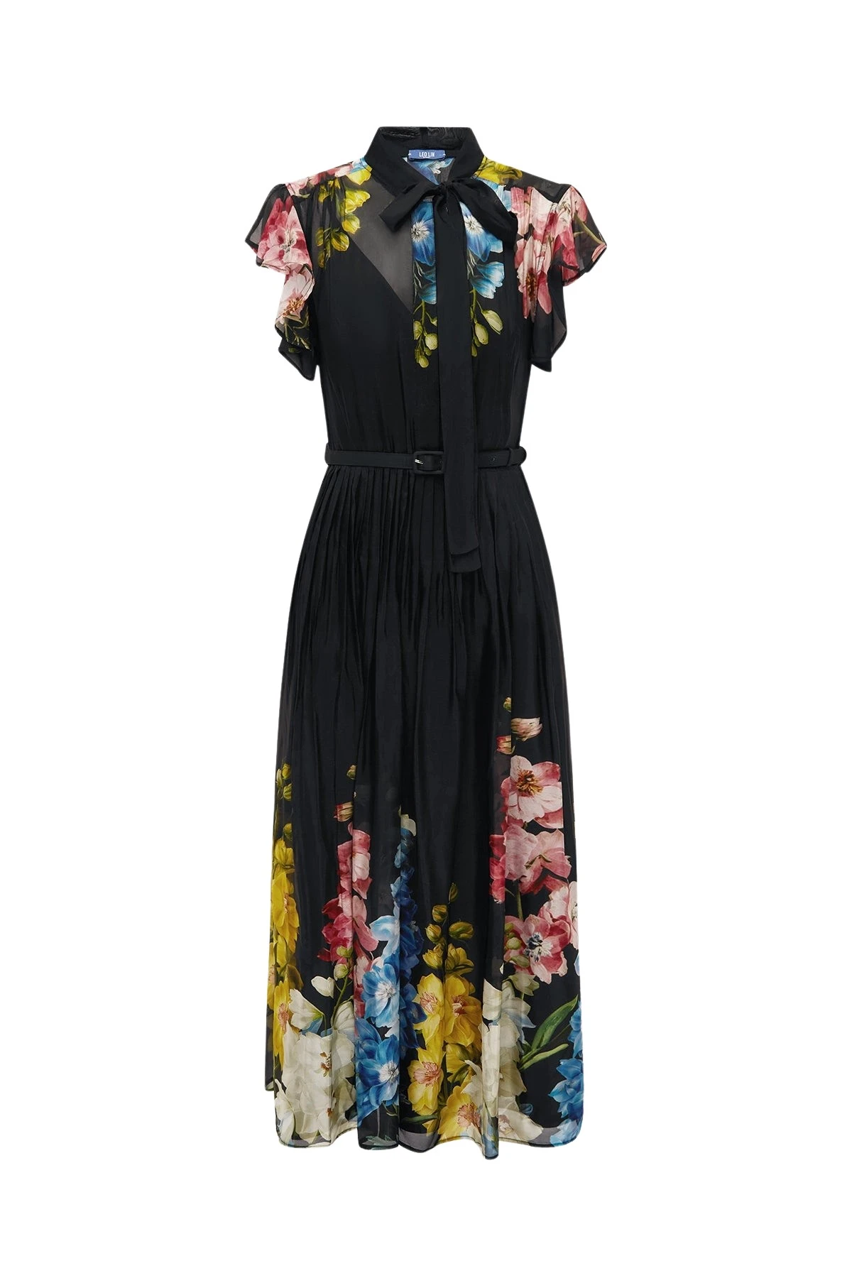 Grace Flutter Sleeve Midi Dress in Snapdragon Print in Ebony