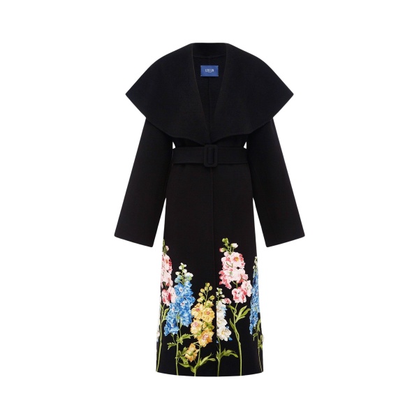 Leo Lin Joan Embroidered Wool Coat in Snapdragon Print in Ebony