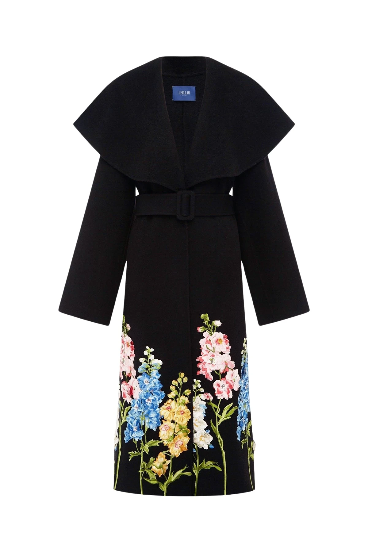 Joan Embroidered Wool Coat in Snapdragon Print in Ebony