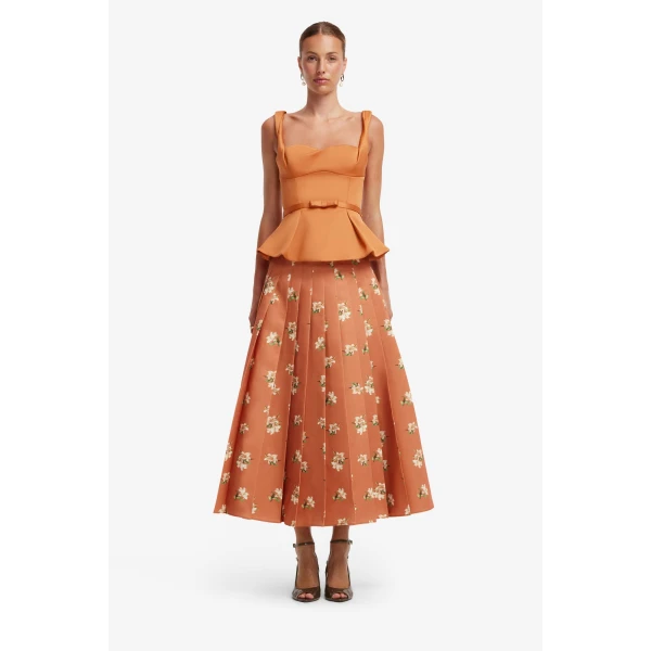 Leo Lin June Pleated Maxi Skirt in Lily Print in Ochre, view 2