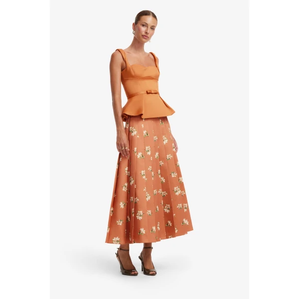 Leo Lin June Pleated Maxi Skirt in Lily Print in Ochre, view 4