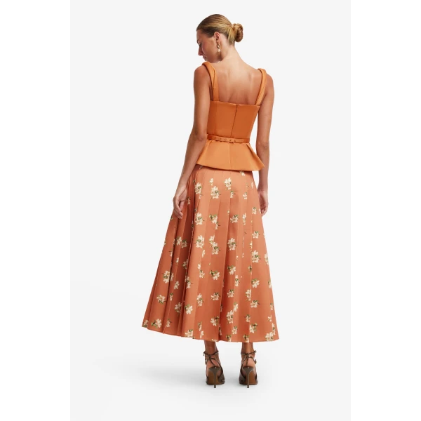 Leo Lin June Pleated Maxi Skirt in Lily Print in Ochre, view 5