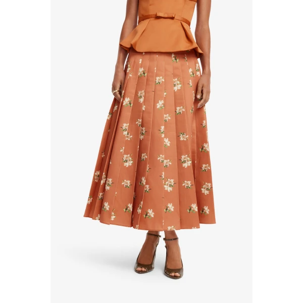 Leo Lin June Pleated Maxi Skirt in Lily Print in Ochre, view 6