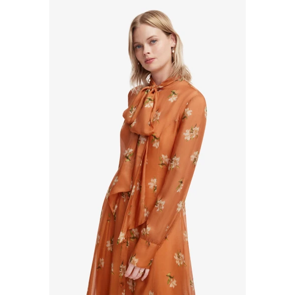 Leo Lin Lilith Tie Neck Maxi Dress in Lily Print in Ochre, view 6