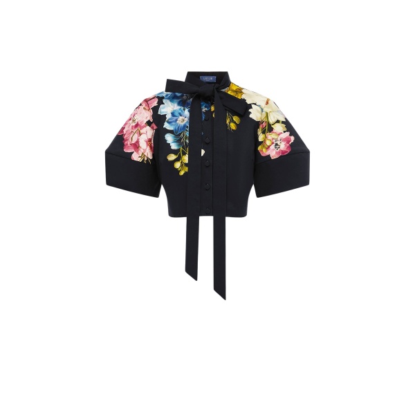 Leo Lin Molly Puff Sleeve Top in Snapdragon Print in Ebony